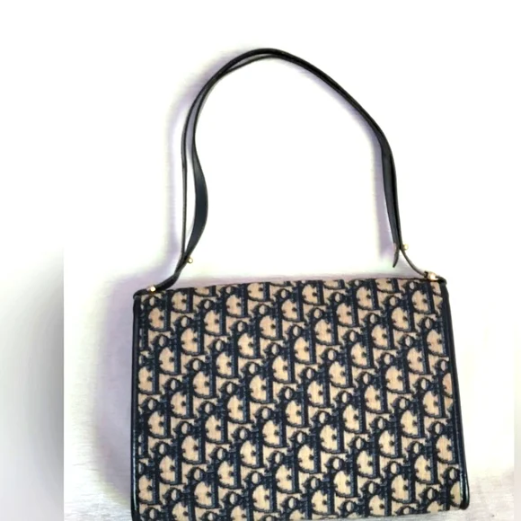 Auth 💞Christian Dior Vintage Navy Jacquard Shoulder Bag W/Adjustable Strap - Picture 3 of 14